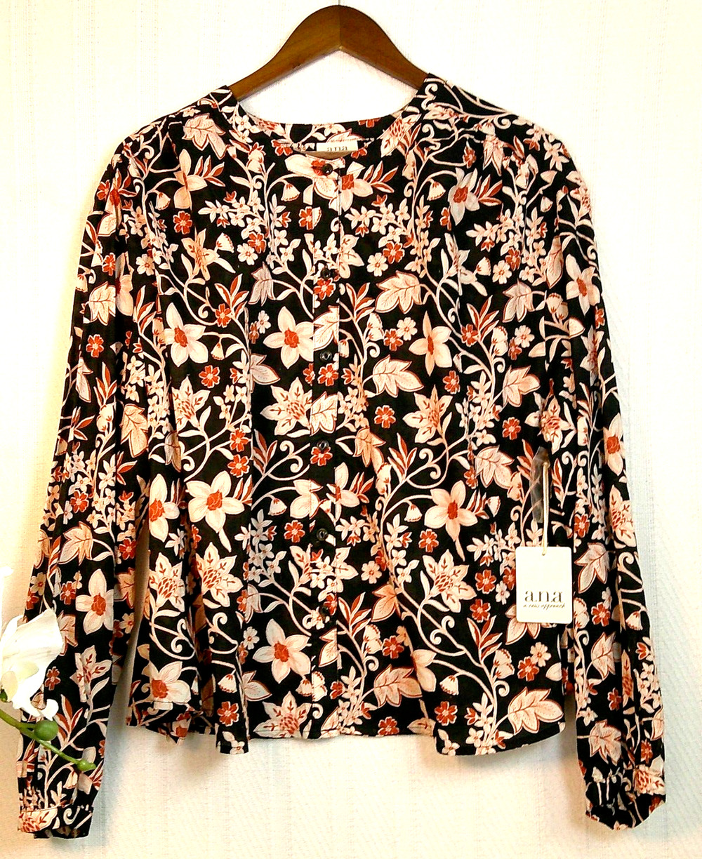 a.n.a Black Floral Blouse Cotton Blend Long Sleeve-Womens 1XL NWT-RTL$49